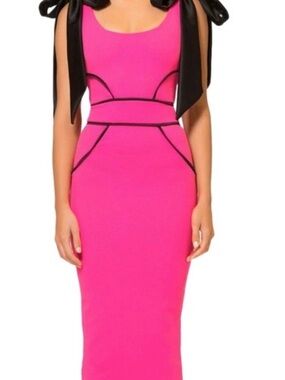 Zhivago Hot Pink Midi Dress with Black Trim and Shoulder Bows